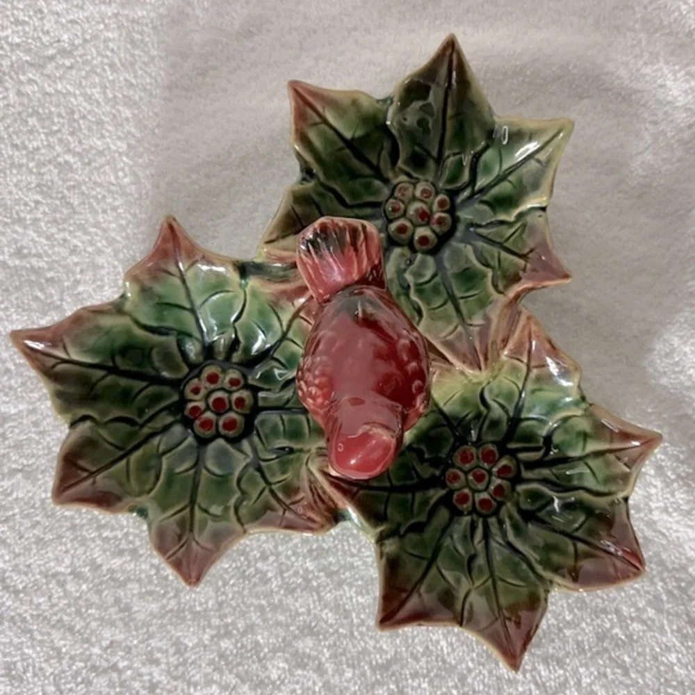Vintage Ceramic Cardinal On Poinsettia 3 Bowl Serving Dish